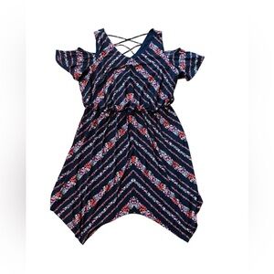 Maurice’s Cold Shoulder Navy Blue Pink Floral Midi Dress Shark bite Hem Sz 1X